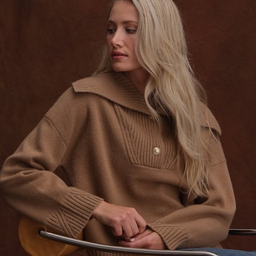 NWT The Cashmere Project Sailor Collar Sweater Camel Sz XS Button Pullover